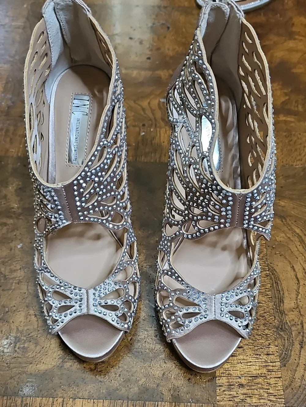 Nina Crystal Cutout Peep-Toe Heels in Blush Pink